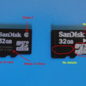 $Sandisk 32GB microSD - Genuine (in red) versus Fake (in yellow) - front view
