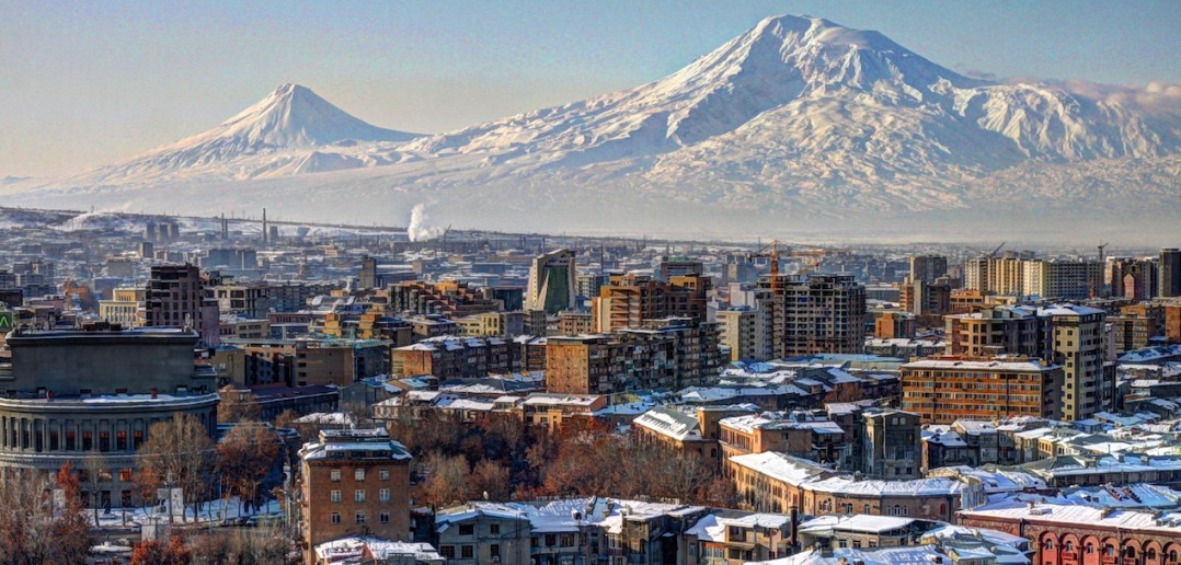 A winter view of Yerevan, Armenia, with the backdrop of Masis (Mount Ararat).